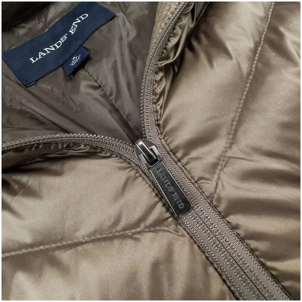 Lands’ End Wanderweight Down Coat Women S Brown Packable Hooded Mid Length